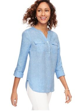Talbots Linen Camp Shirt Roll Tab Sleeve Light Blue Pullover Womens Size XS
